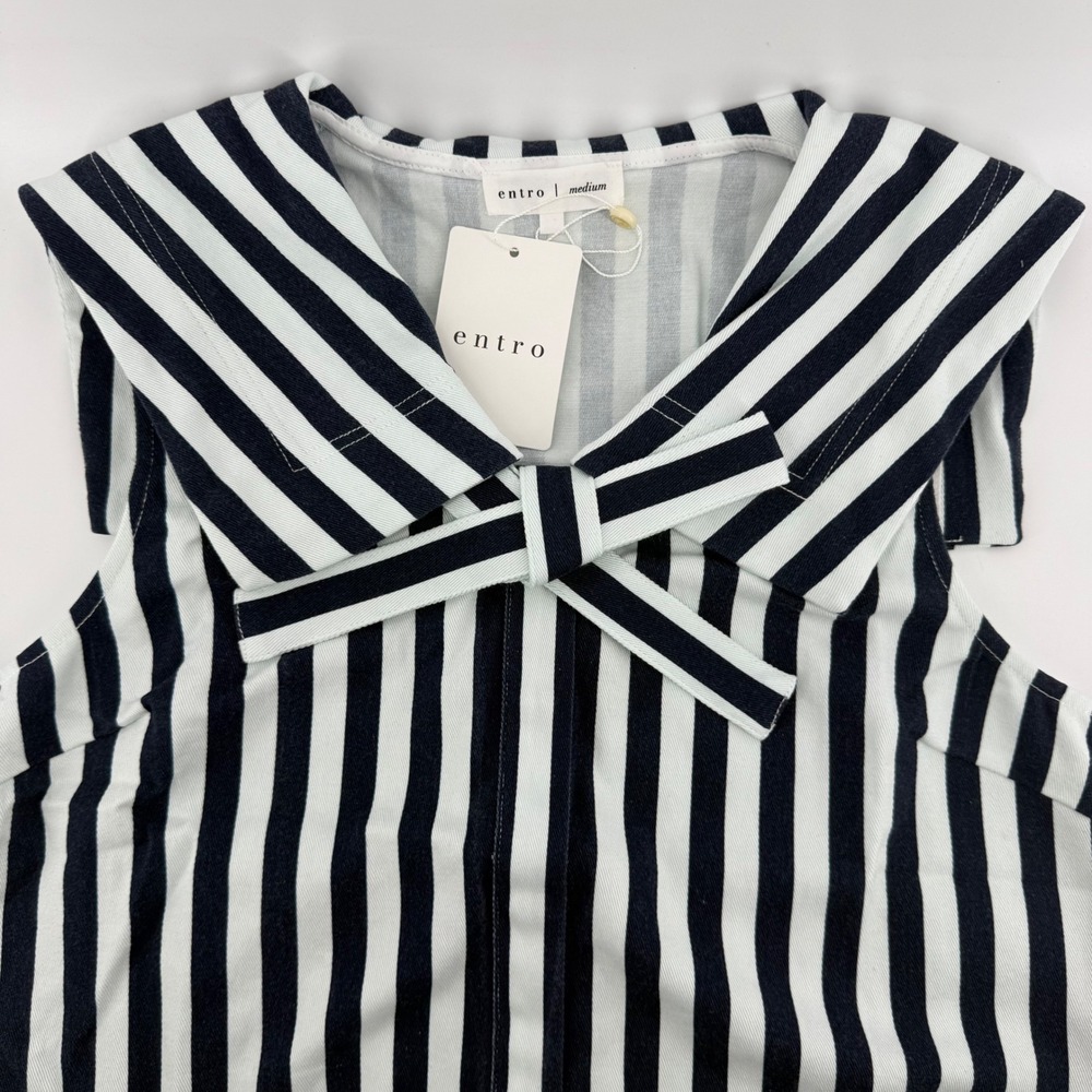 Entro Navy White Striped Sailor Collar Bow Sleeveless Mini Dress Womens Medium - Picture 7 of 8